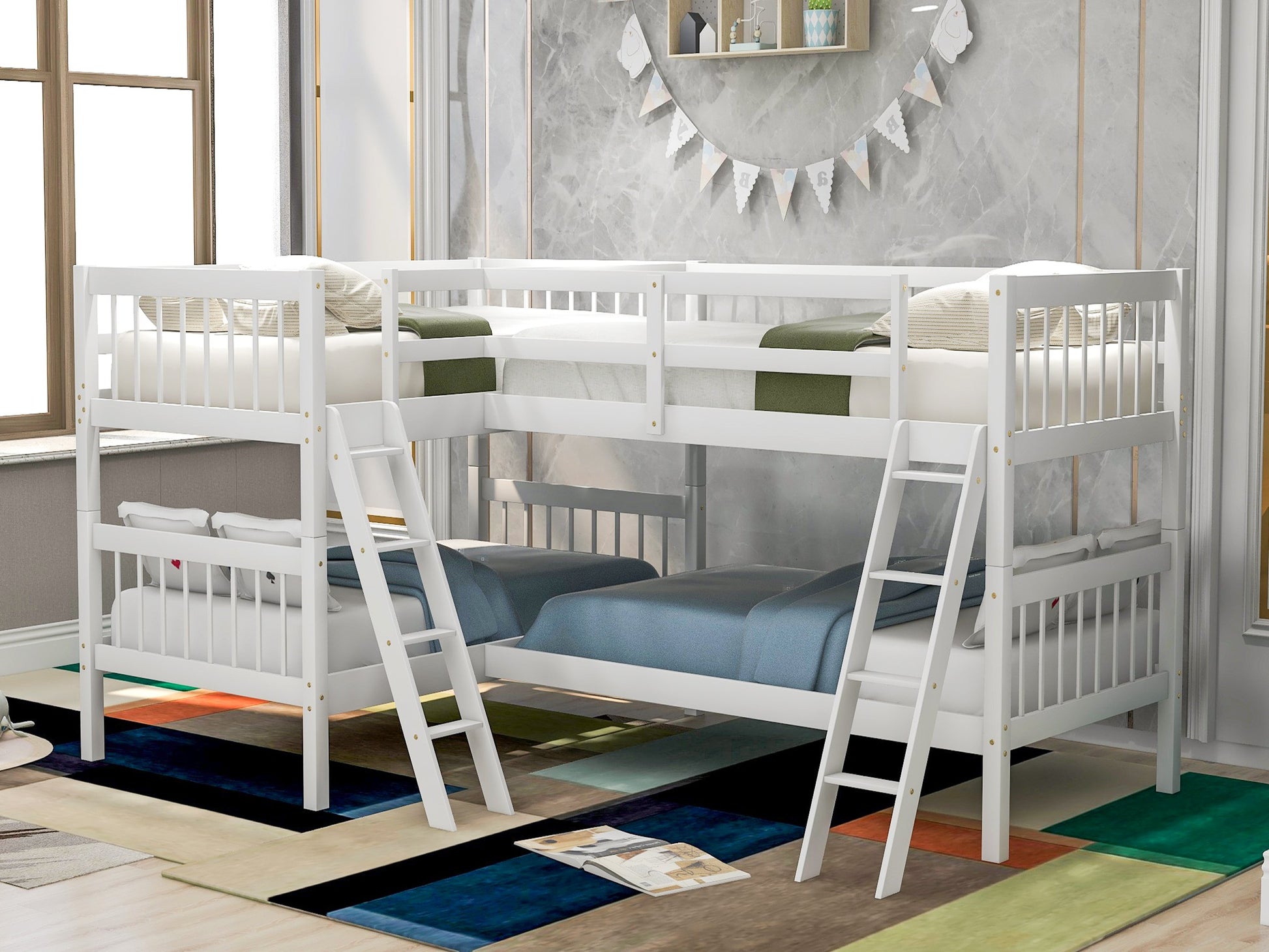 Twin over Twin L-Shaped White Pinewood Bunk Bed-Bunk Bed-HomeDaybed