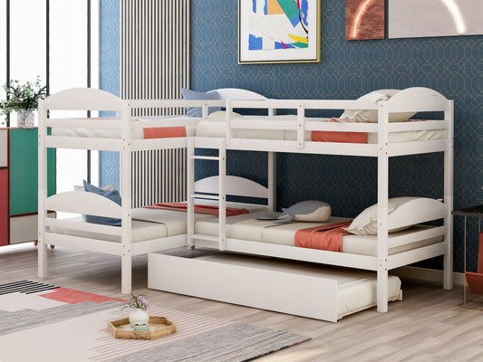 Twin over Twin L-Shaped White Pinewood Bunk Bed with Twin Trundle-Bunk Bed-HomeDaybed