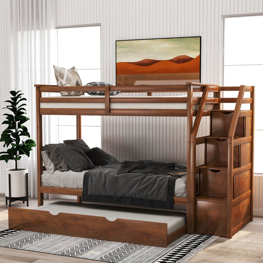 Twin over Twin Walnut Color Pinewood Bunk Bed with Twin Trundle, Staircase and Storage Shelves-Bunk Bed-HomeDaybed