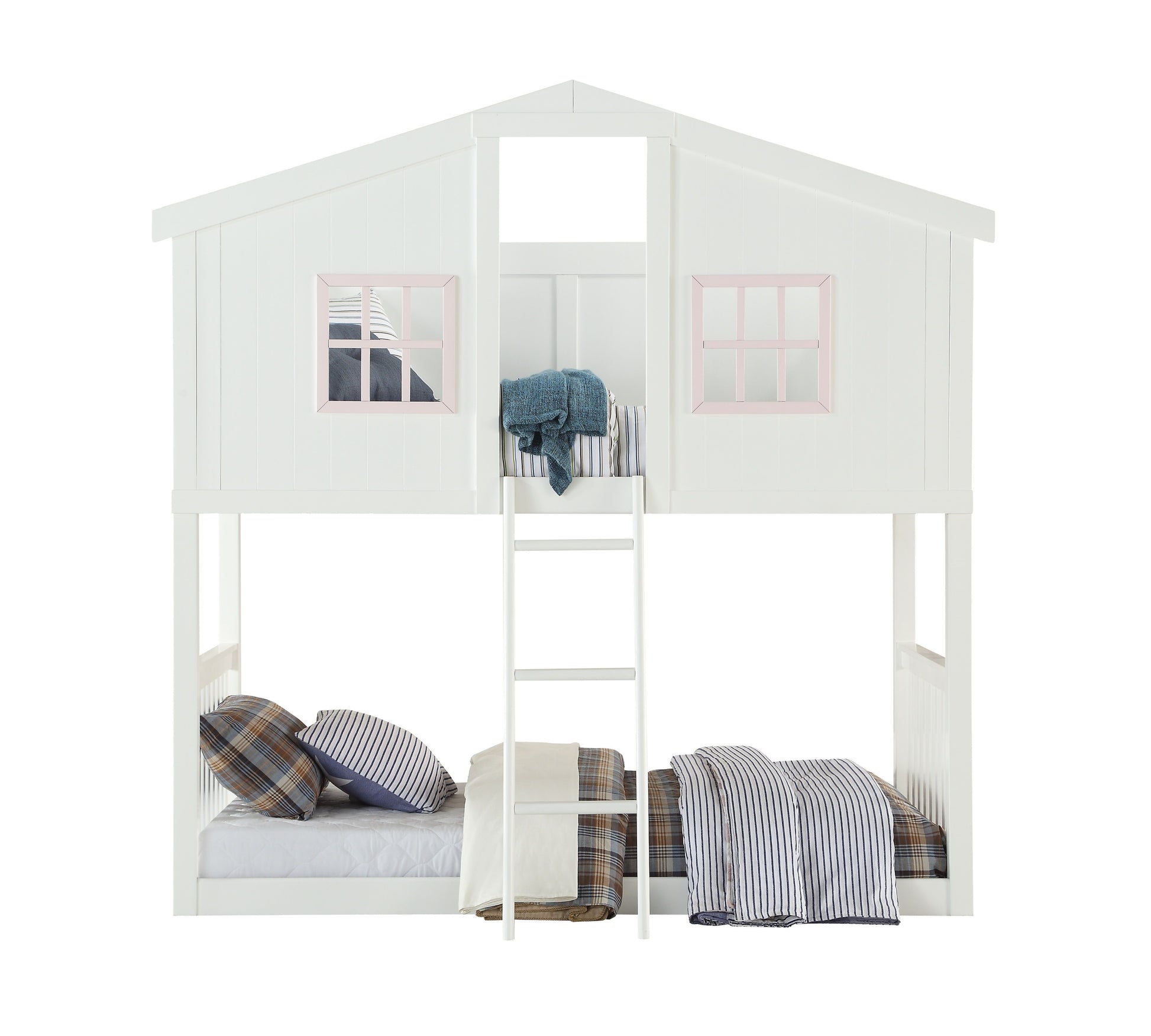 Twin over Twin White and Pink Wood ACME Rohan Cottage Treehouse Bunk Bed-Treehouse bunk bed-HomeDaybed