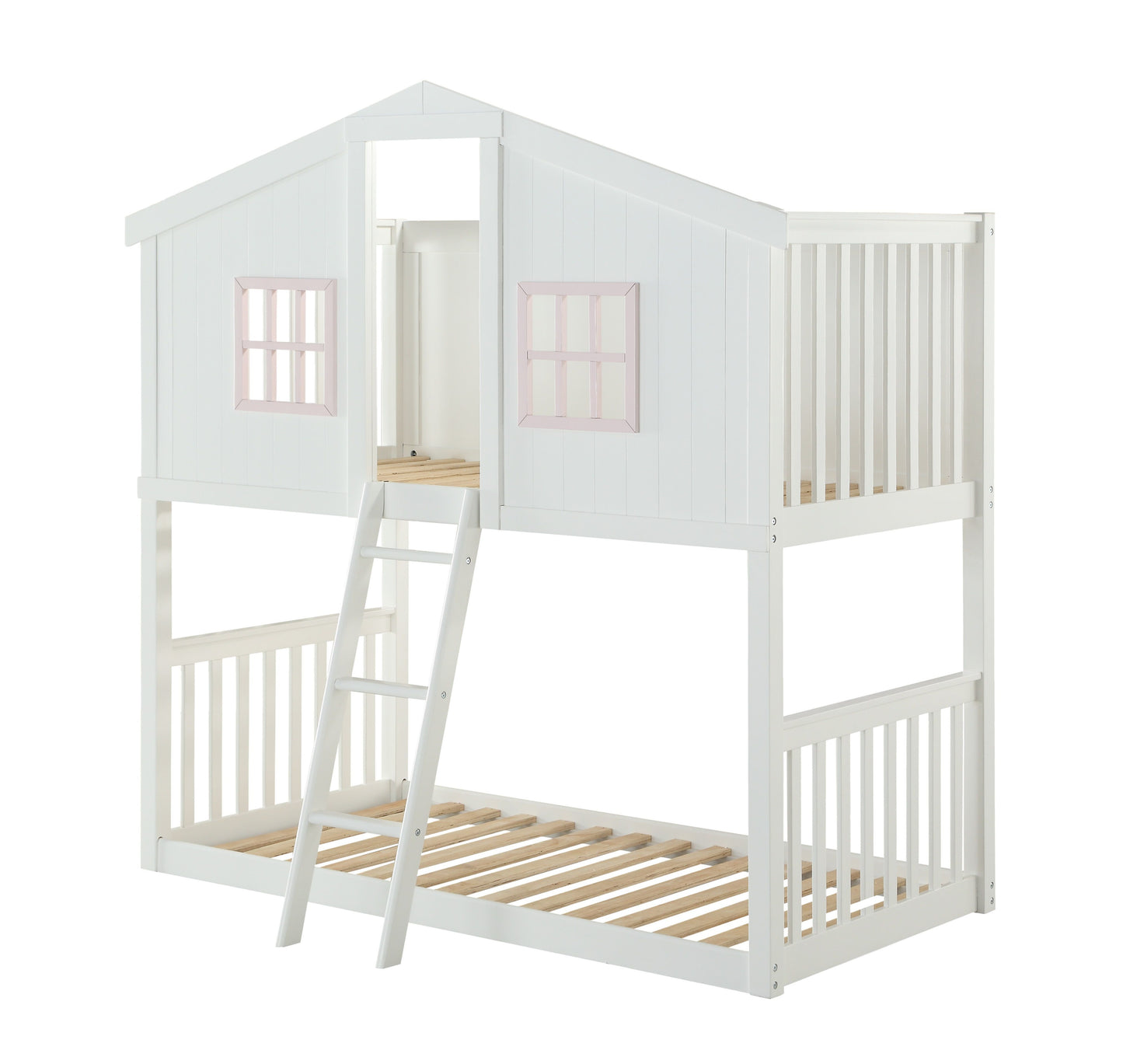 Twin over Twin White and Pink Wood ACME Rohan Cottage Treehouse Bunk Bed-Treehouse bunk bed-HomeDaybed
