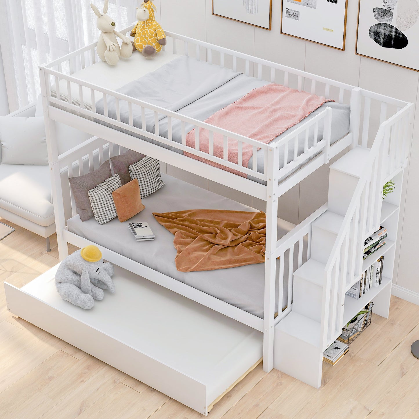 Twin over Twin White Pine Wood Bunk Bed with Twin Trundle and Staircase with Storage-Bunk Bed-HomeDaybed