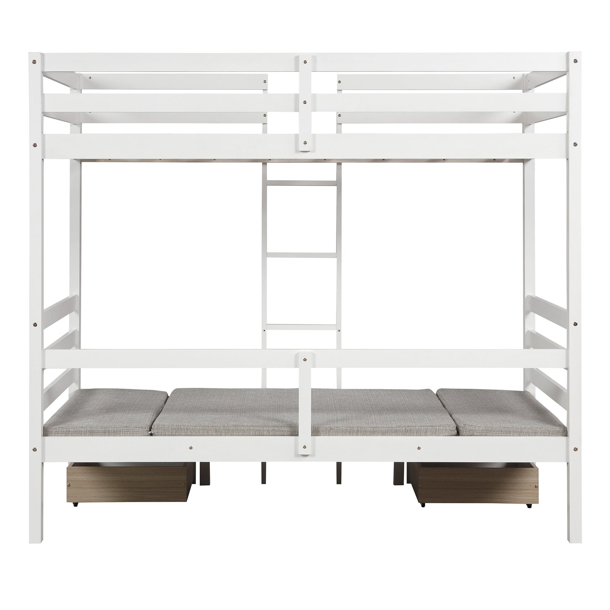 Twin over Twin White Pinewood Bunk Bed with Cushions and Two Drawers, Converts into Table and Two Seats-Bunk Bed-HomeDaybed
