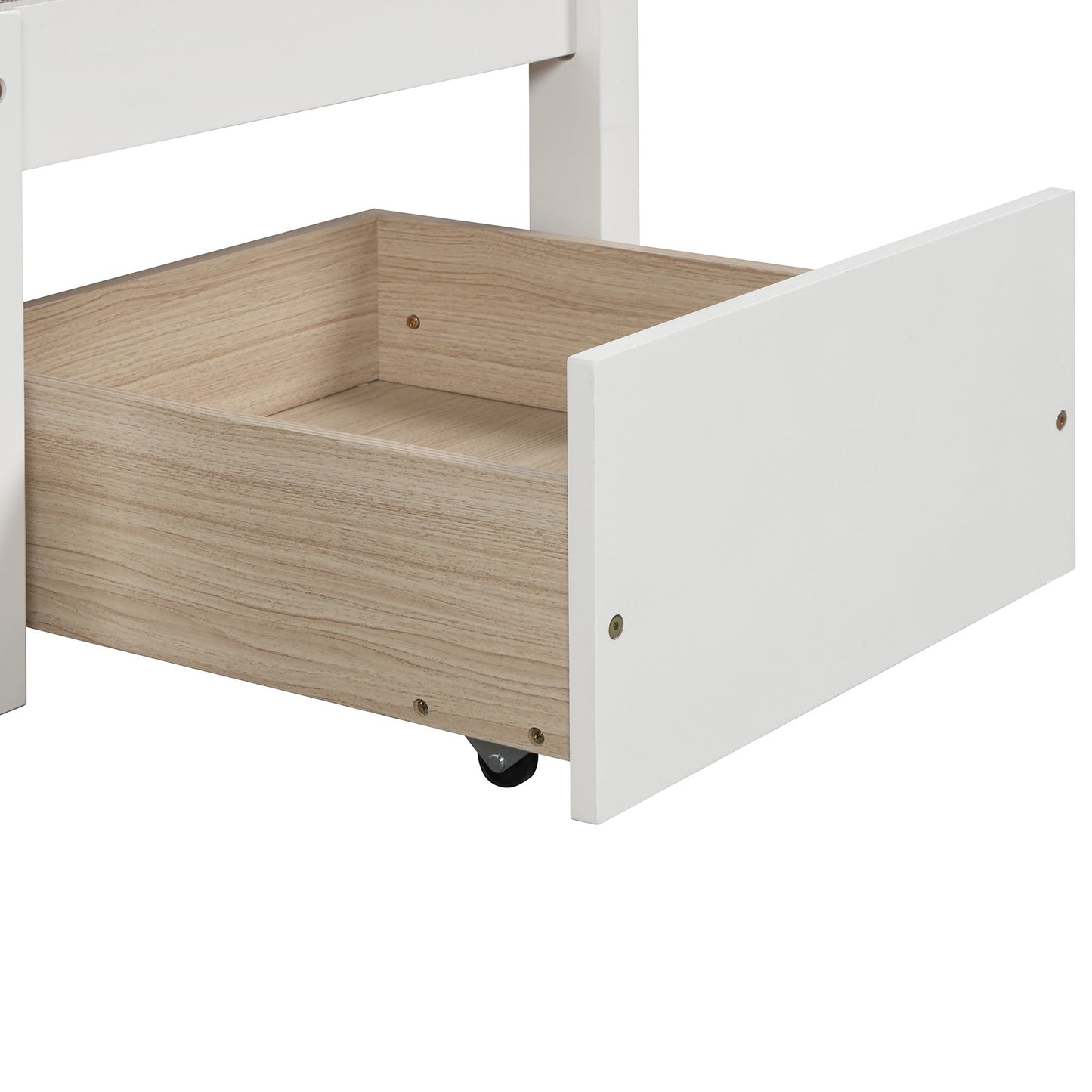 Twin over Twin White Pinewood Bunk Bed with Cushions and Two Drawers, Converts into Table and Two Seats-Bunk Bed-HomeDaybed