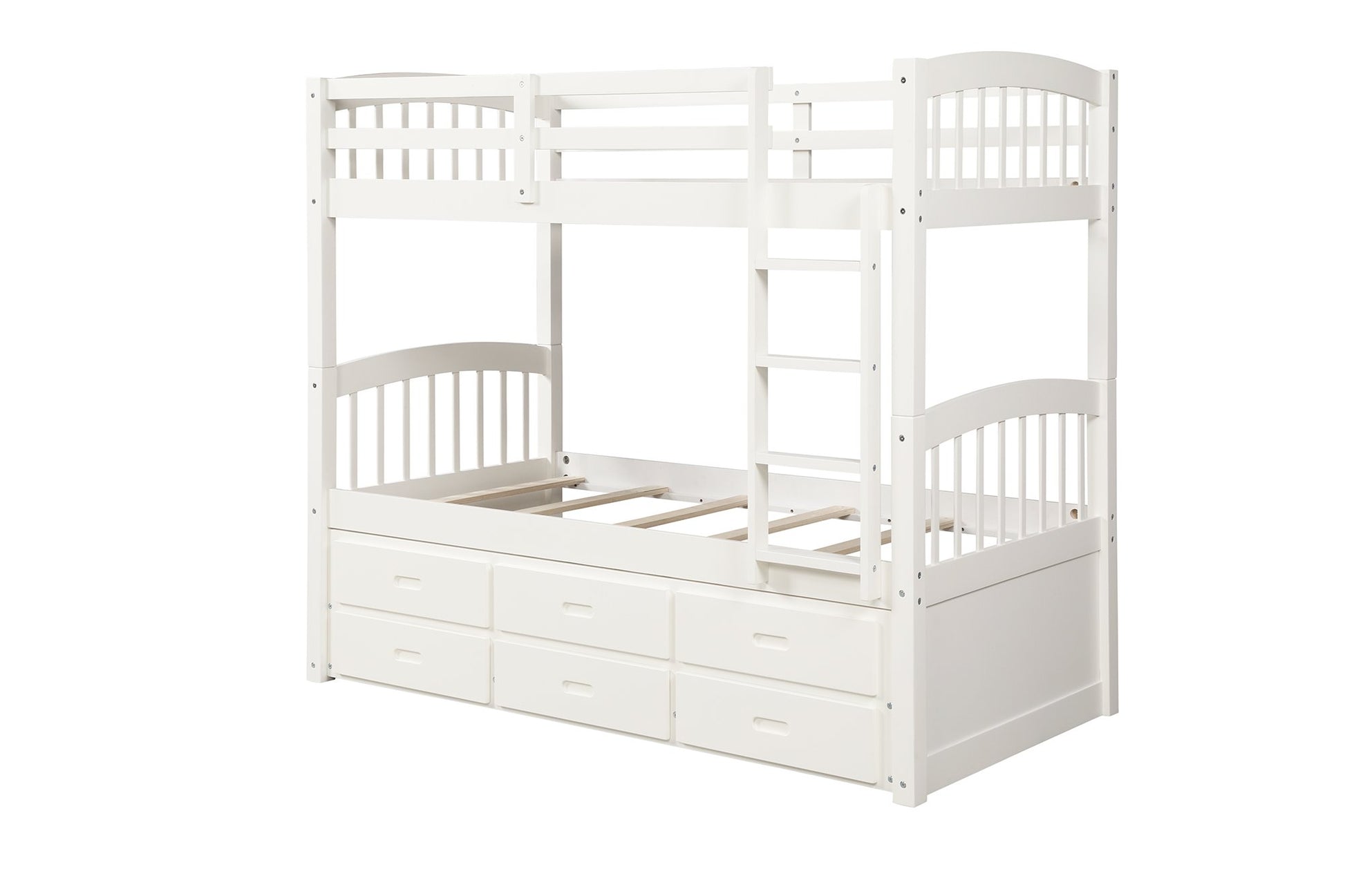 Twin over Twin White Pinewood Bunk Bed with Twin Trundle and Storage Drawers-Bunk Bed-HomeDaybed