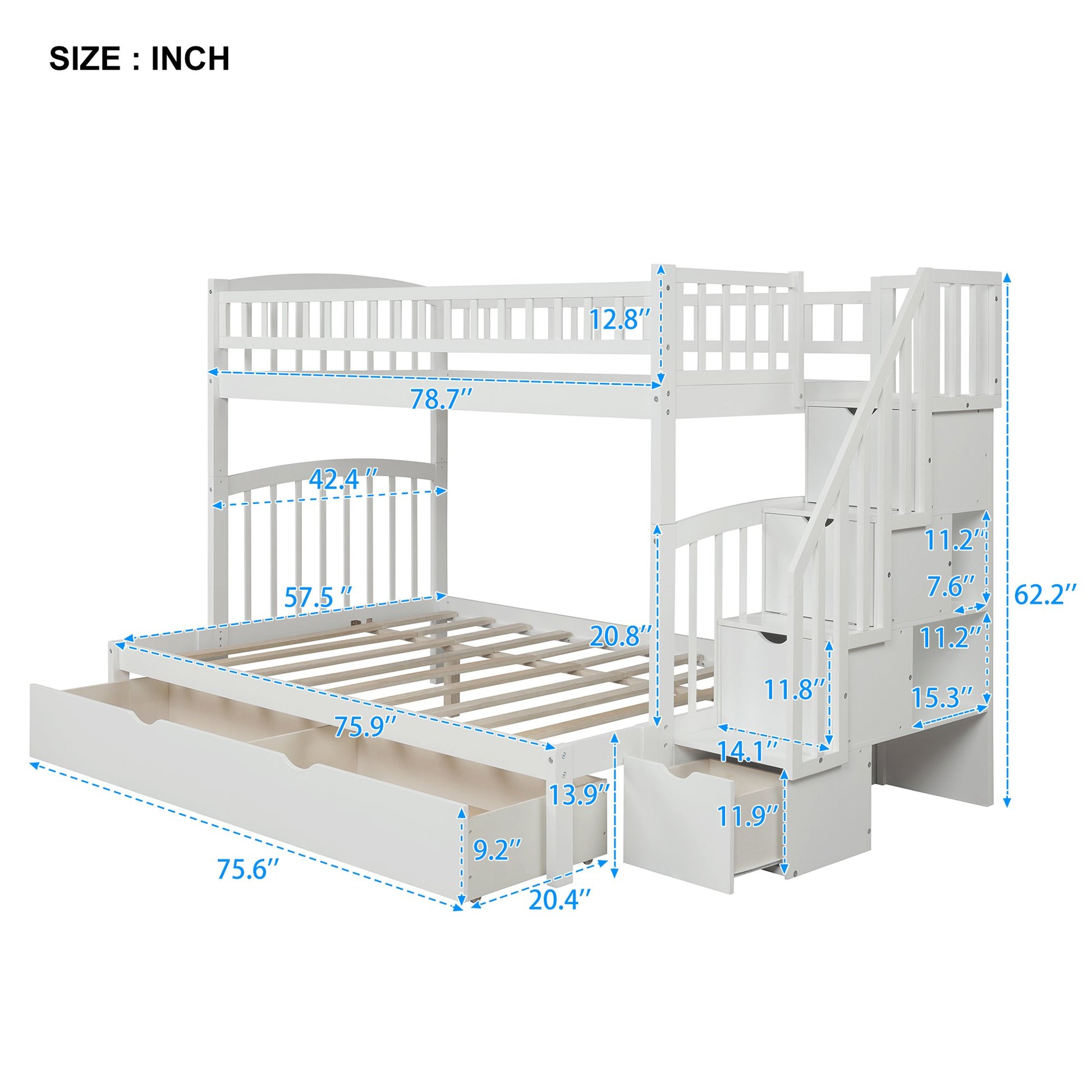 Twin over Twin/Full Extendable White Pinewood Bunk Bed with Staircase, Drawers and Storage Shelves-Bunk Bed-HomeDaybed