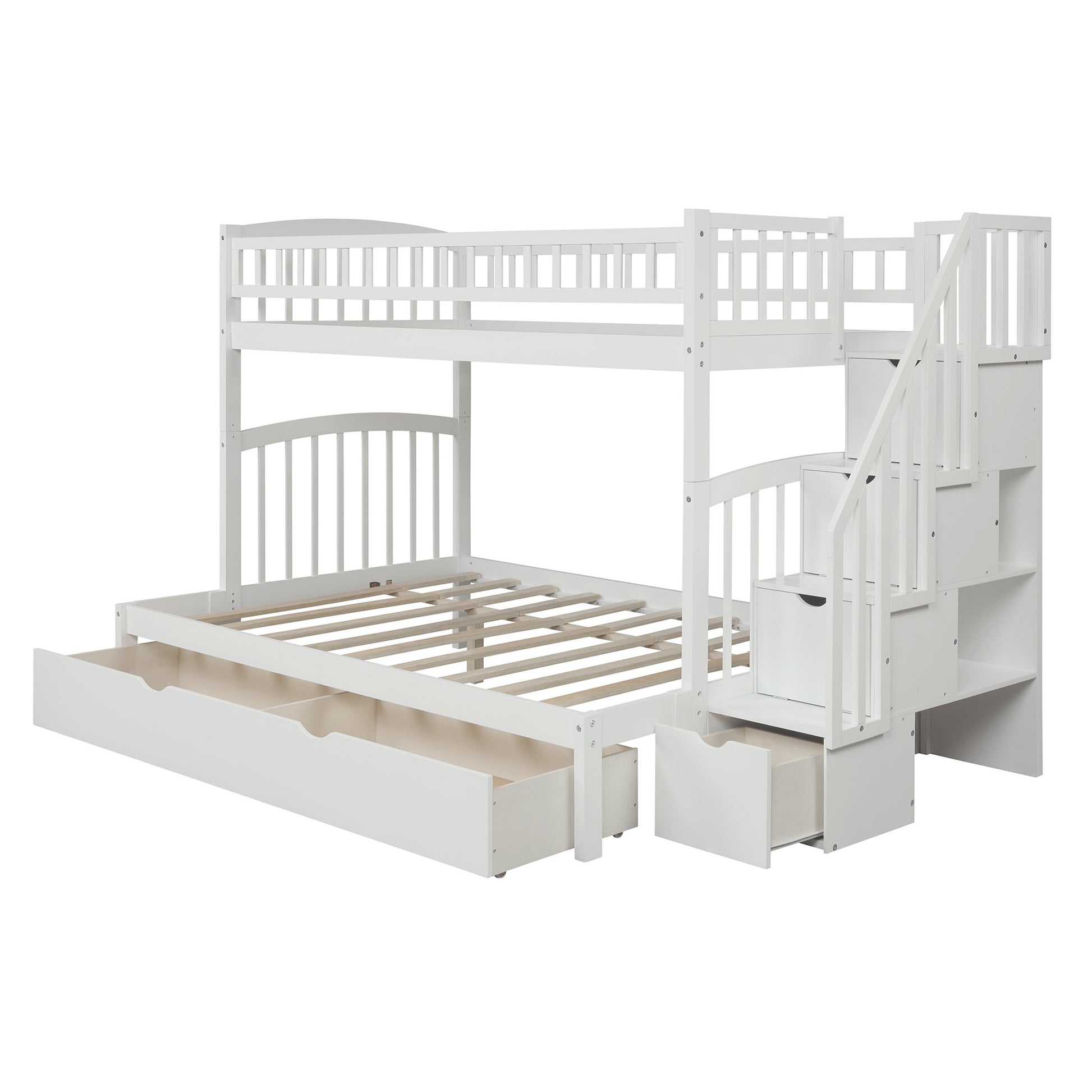 Twin over Twin/Full Extendable White Pinewood Bunk Bed with Staircase, Drawers and Storage Shelves-Bunk Bed-HomeDaybed