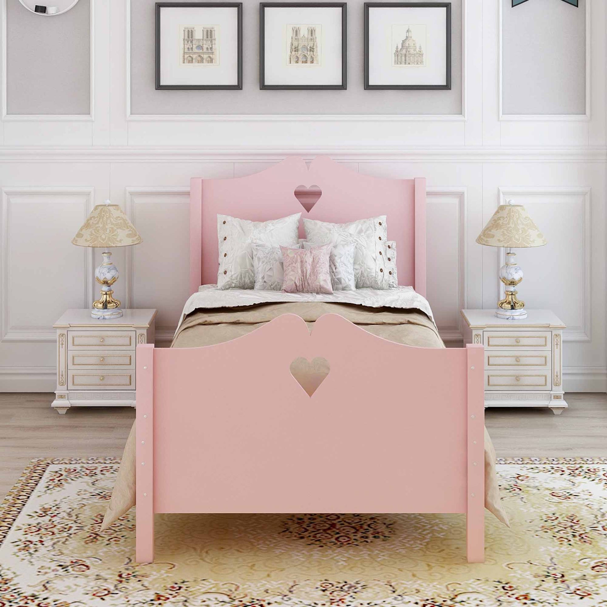 Twin Pink Wood Princess Style Platform Bed with Heart Detail to Headboard and Footboard-Platform Bed-HomeDaybed