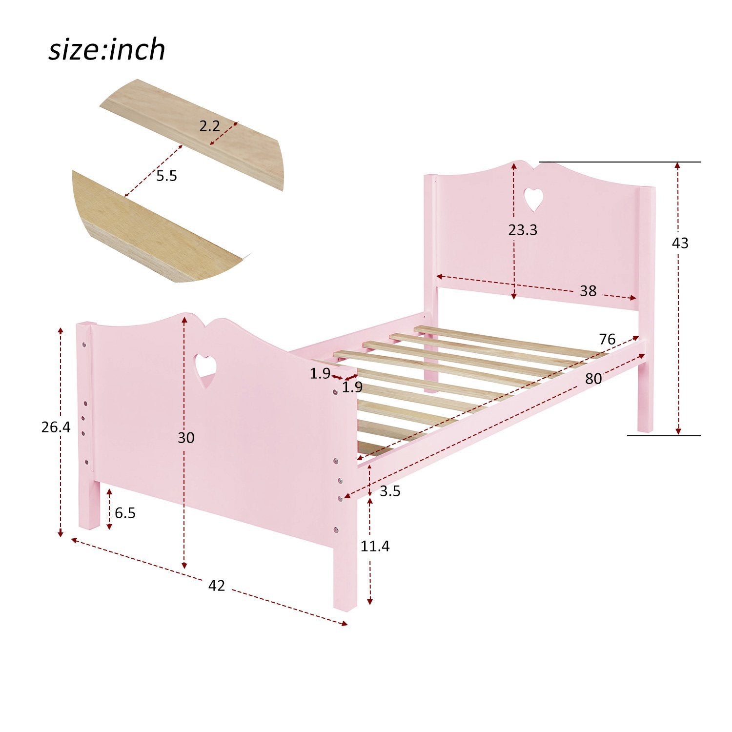 Twin Pink Wood Princess Style Platform Bed with Heart Detail to Headboard and Footboard-Platform Bed-HomeDaybed