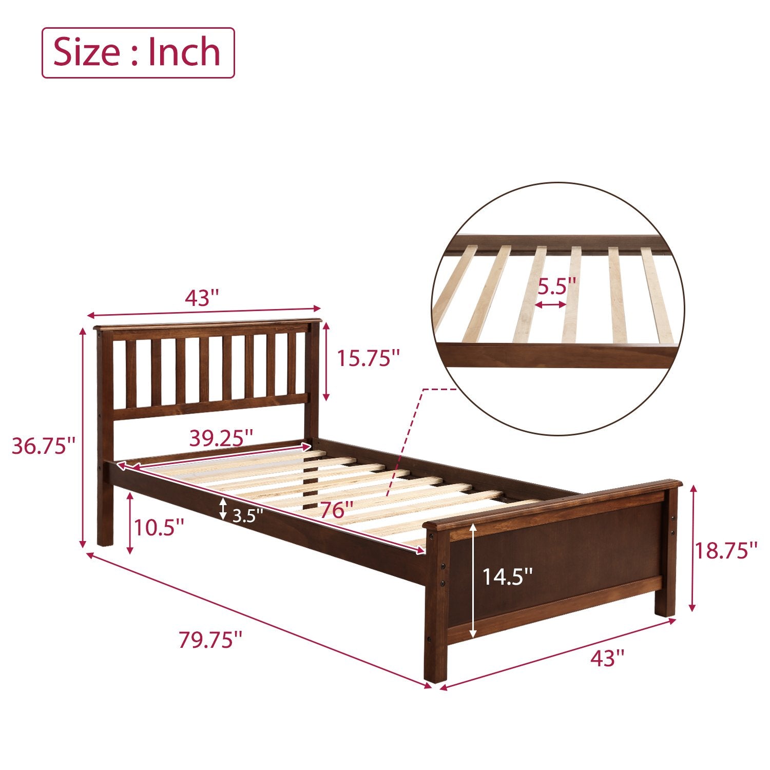 Twin Walnut Color Pinewood Classic Platform Bed-Platform Bed-HomeDaybed