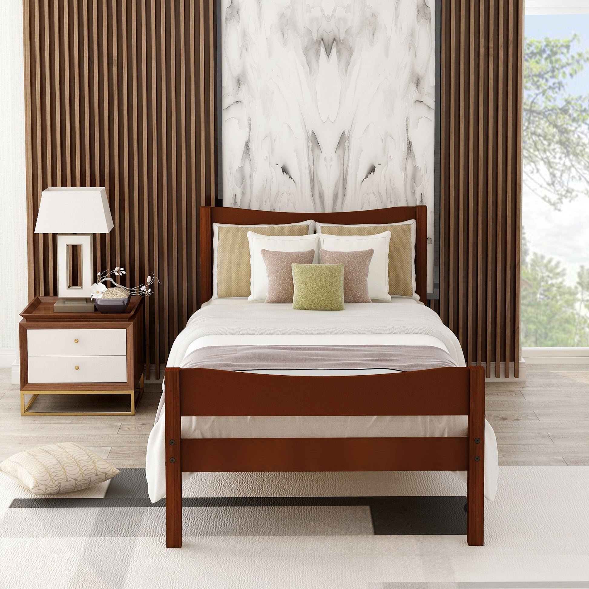 Twin Walnut Color Pinewood Platform Bed with Curved Headboard and Footboard-Platform Bed-HomeDaybed