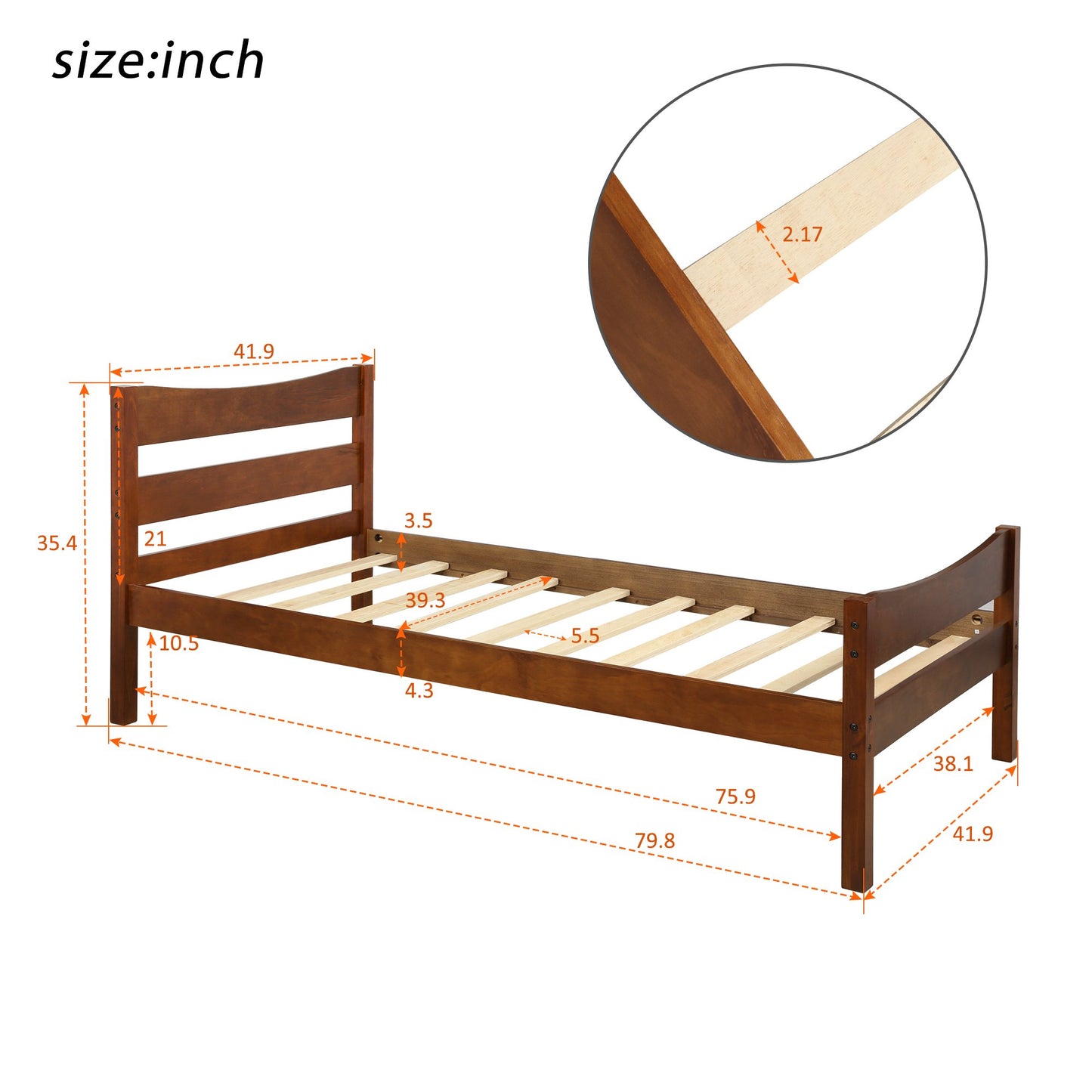 Twin Walnut Color Pinewood Platform Bed with Curved Headboard and Footboard-Platform Bed-HomeDaybed