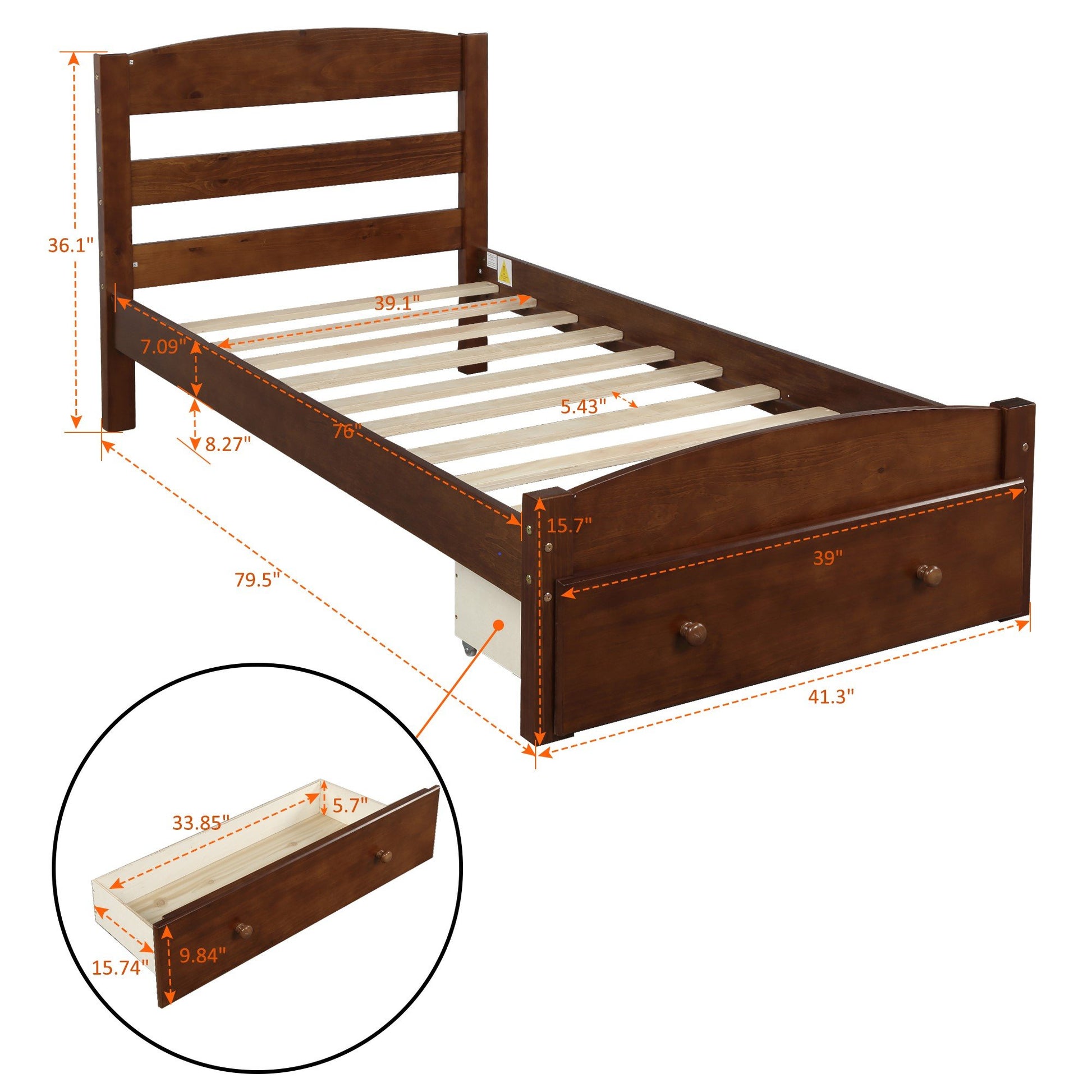 Twin Walnut Color Pinewood Platform Bed with Drawer for Storage-Platform Bed-HomeDaybed