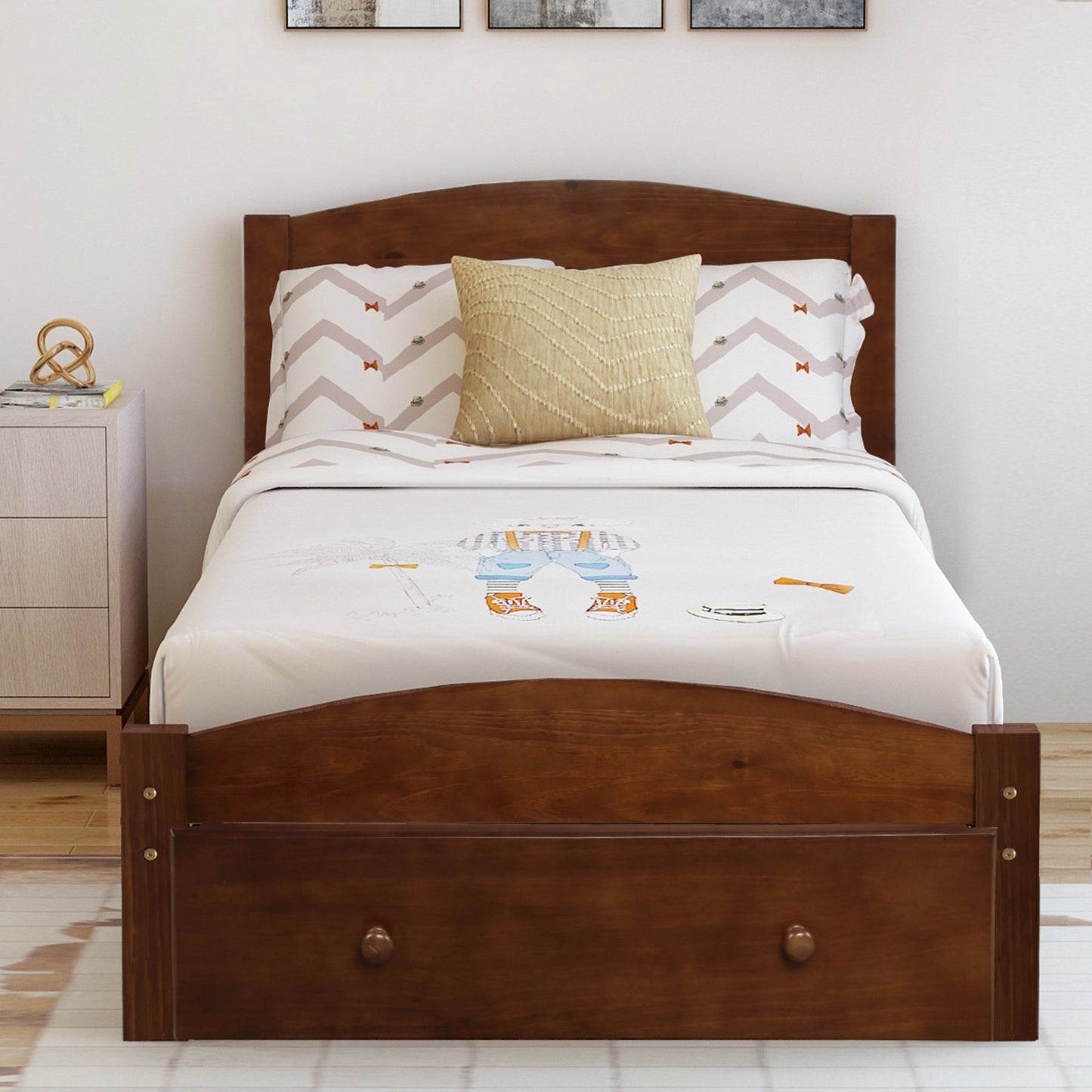 Twin Walnut Color Pinewood Platform Bed with Drawer for Storage-Platform Bed-HomeDaybed