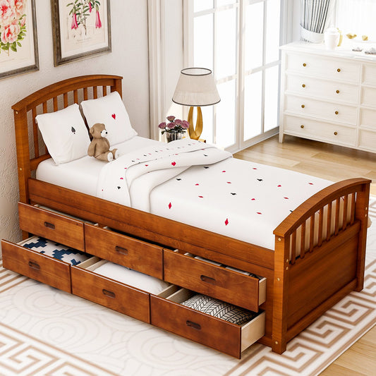 Twin Walnut Color Platform Bed with Six Storage Drawers-Platform Bed-HomeDaybed