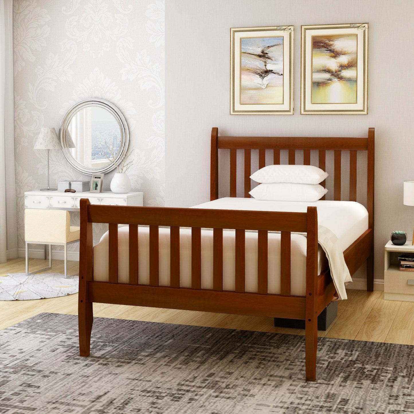 Twin Walnut Color Wood Platform Bed with Bow Shaped Leg Detail-Platform Bed-HomeDaybed