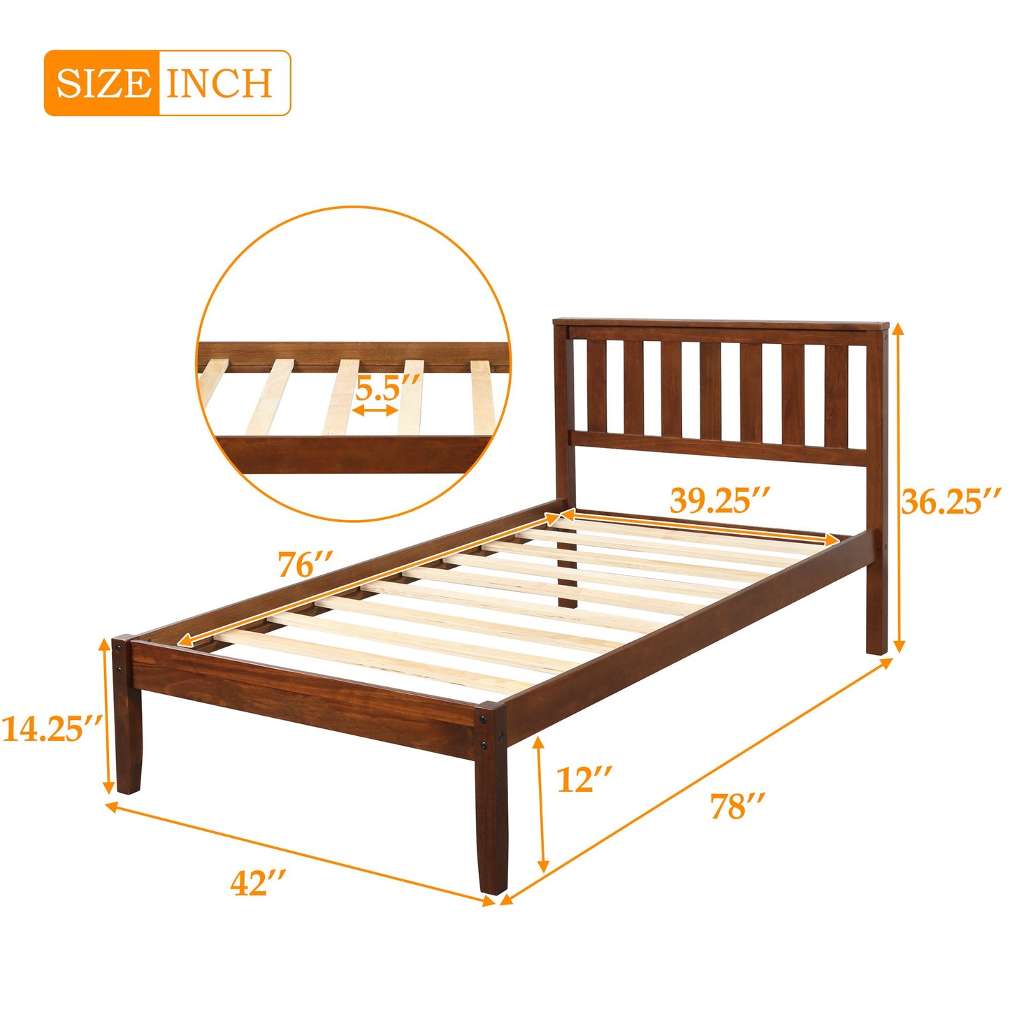 Twin Walnut Color Wood Platform Bed with High-Profile Headboard-Platform Bed-HomeDaybed