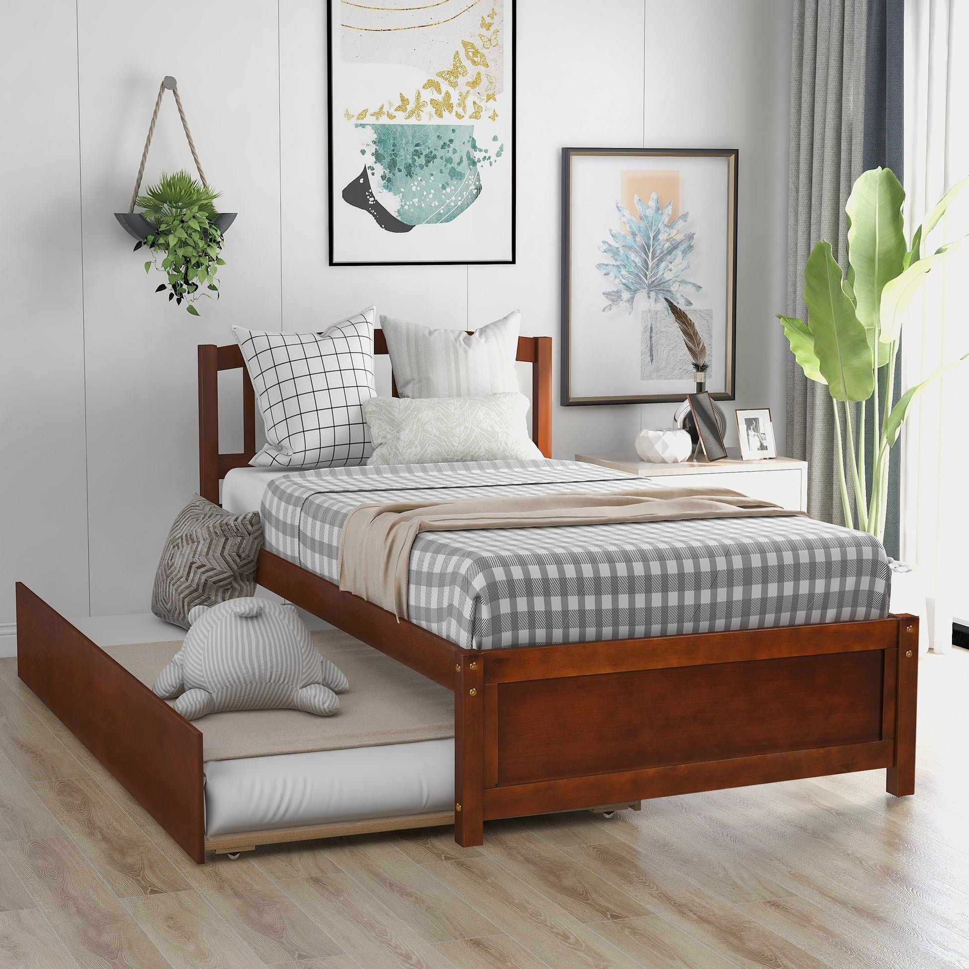 Twin Walnut Color Wood Platform Bed with Twin Trundle-Platform Bed-HomeDaybed