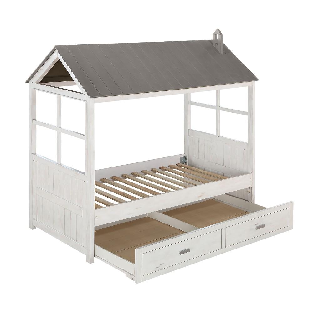 Twin Weathered White Wood ACME Play House Style Bed with Washed Gray Roof and Space for Trundle-Treehouse bed-HomeDaybed