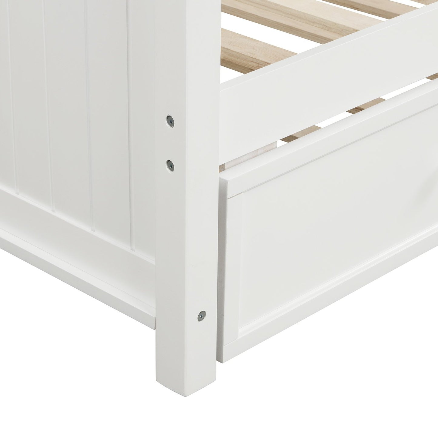 Twin White Pinewood Daybed with Twin Trundle, Panel Sides and Turned Finials-Daybed-HomeDaybed