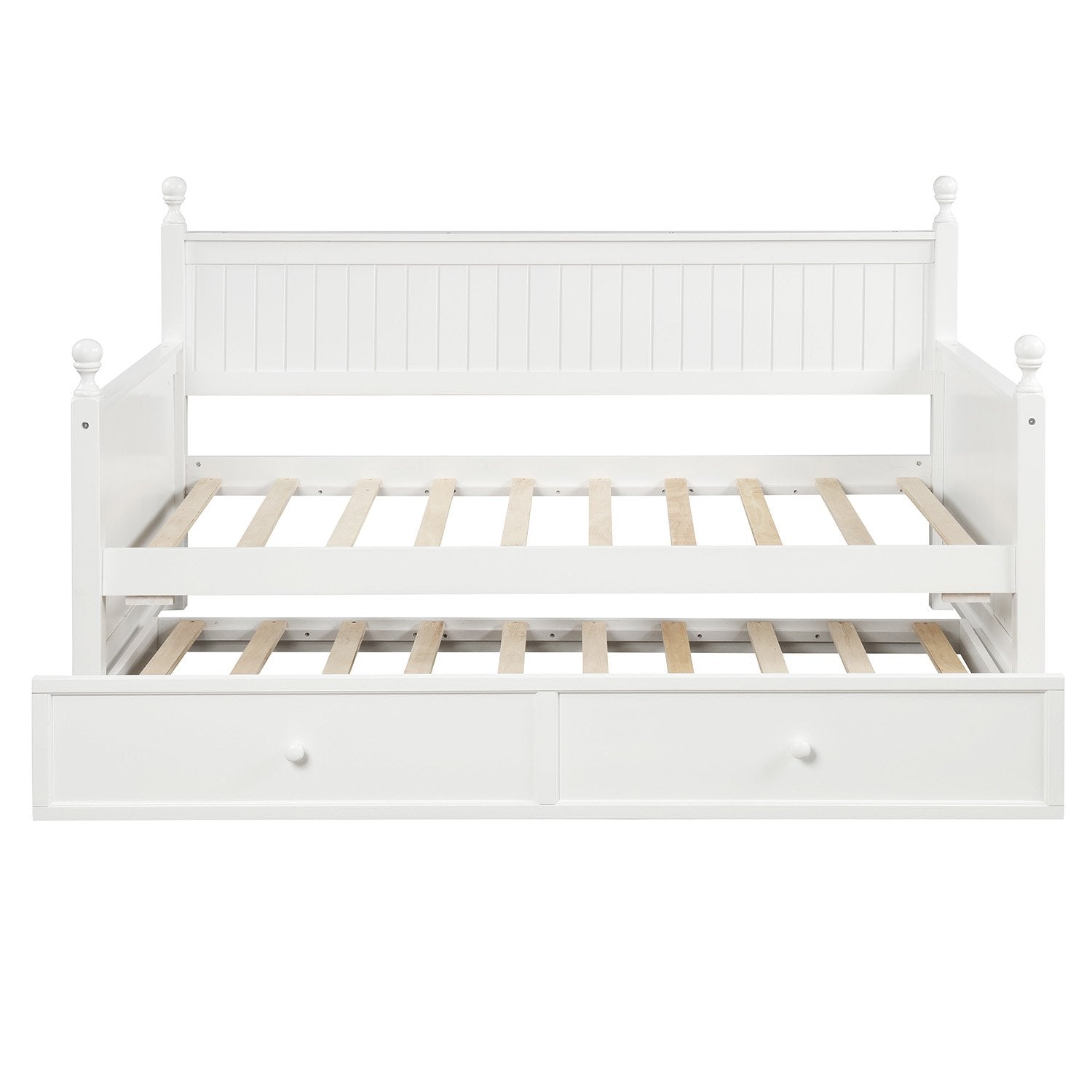 Twin White Pinewood Daybed with Twin Trundle, Panel Sides and Turned Finials-Daybed-HomeDaybed