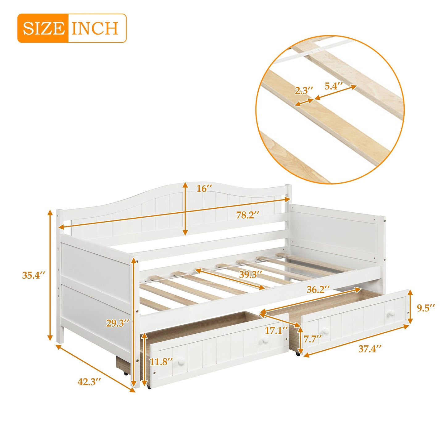Twin White Pinewood Daybed with Two Drawers and High Curved Back-Daybed-HomeDaybed