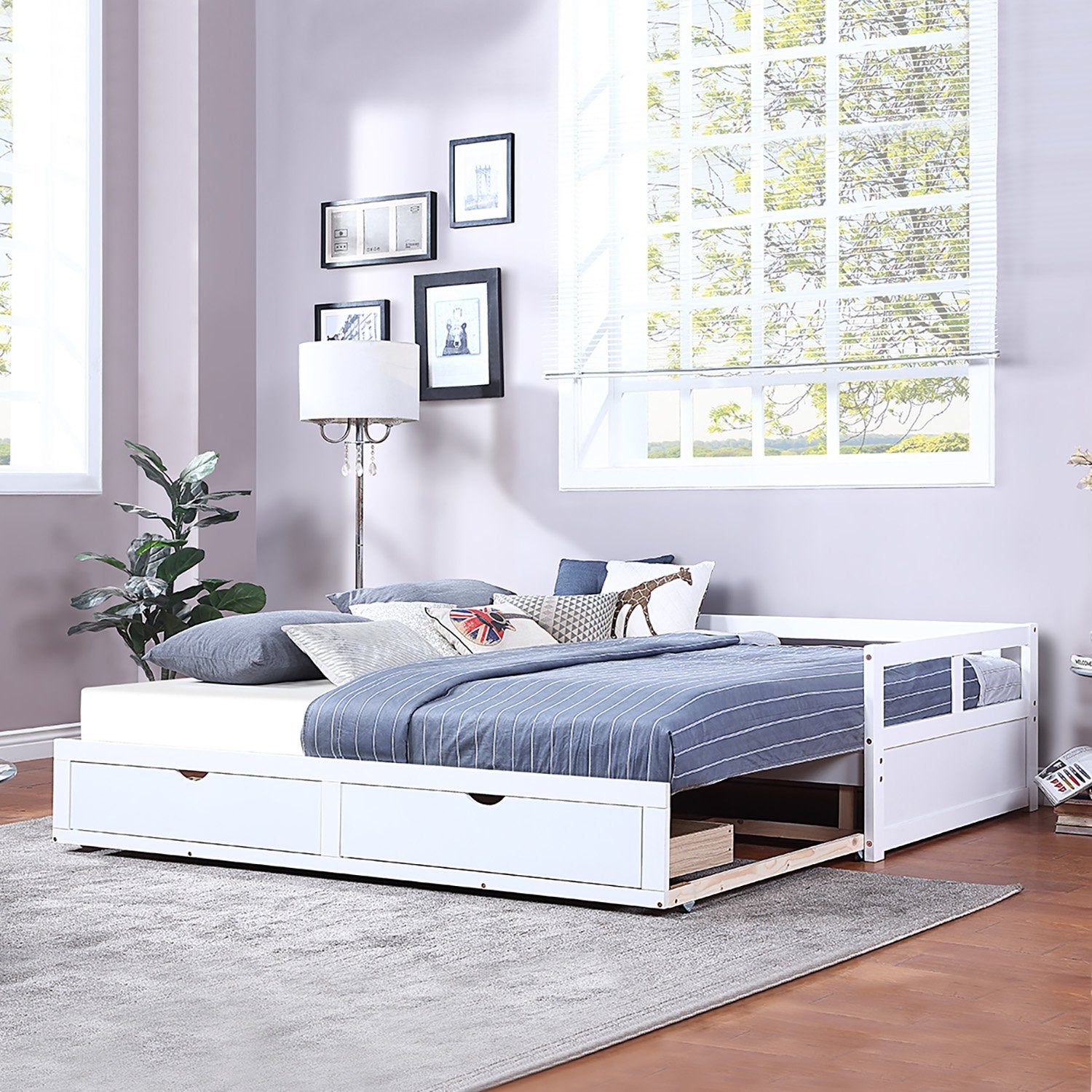 Twin White Pinewood Daybed with Two Drawers and Trundle that Extends Bed to King Size-Daybed-HomeDaybed