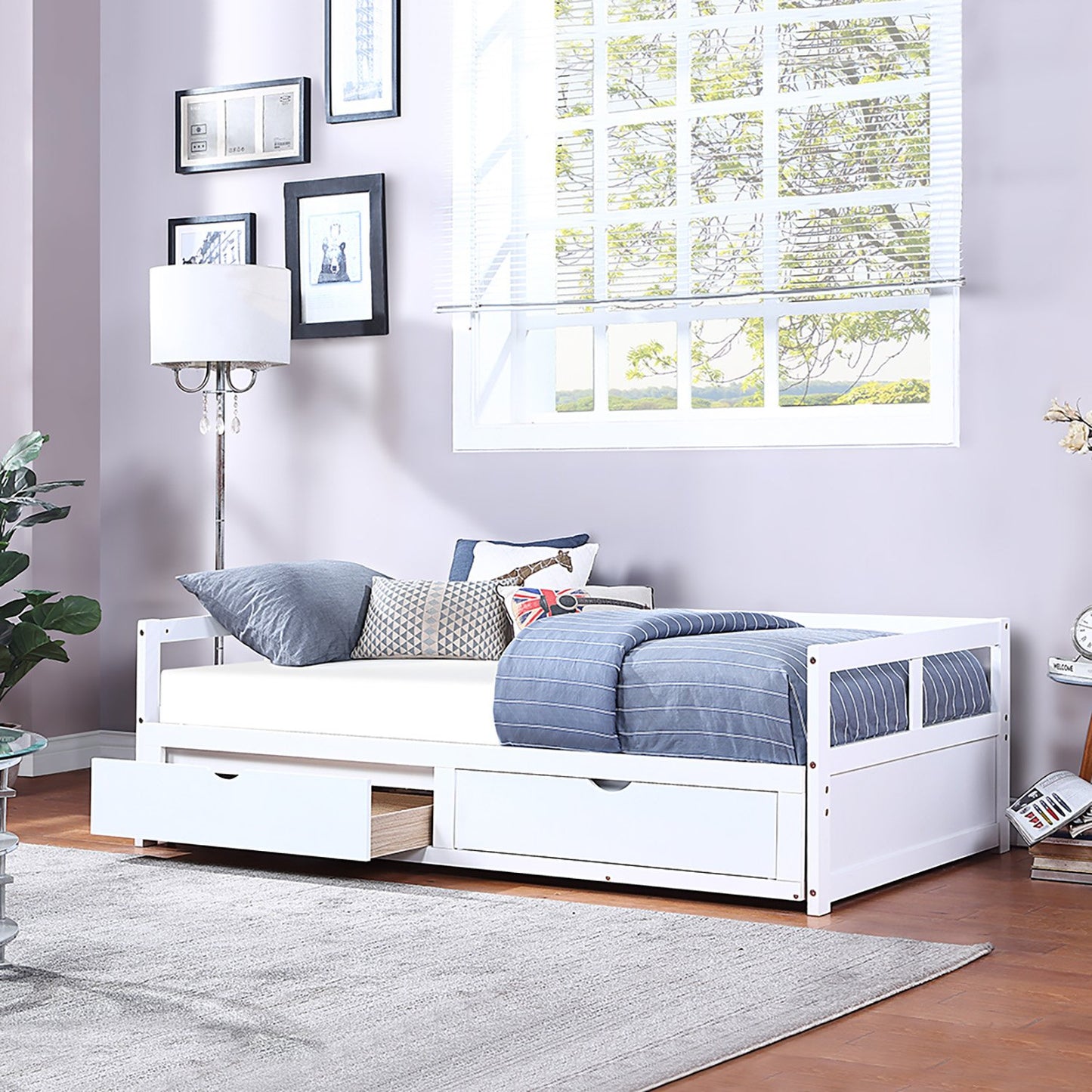 Twin White Pinewood Daybed with Two Drawers and Trundle that Extends Bed to King Size-Daybed-HomeDaybed