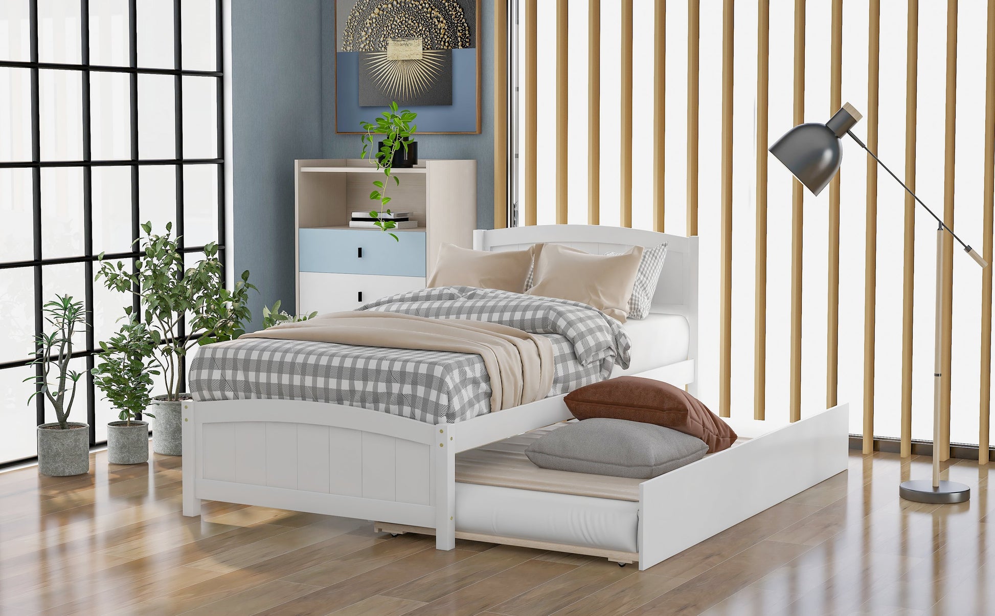 Twin White Pinewood Platform Bed with Twin Trundle-Platform Bed-HomeDaybed