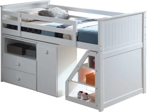 Twin White Wood ACME Wyatt Loft Bed with Swivel Desk, Storage Cabinet with Two Drawers and Staircase with Storage-Loft Bed-HomeDaybed