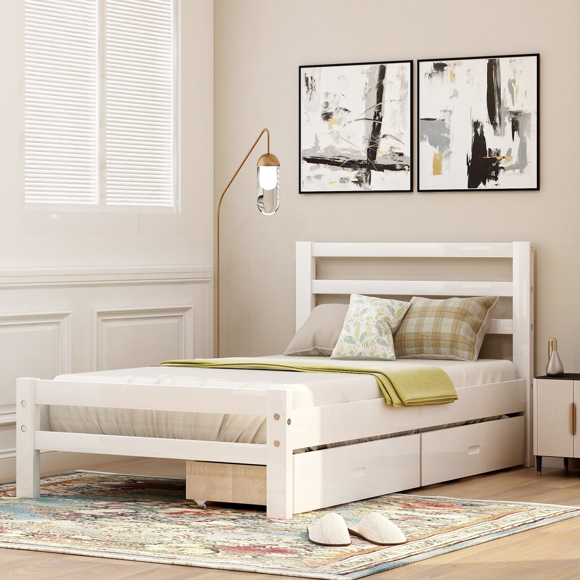 Twin White Wood Platform Bed with Two Drawers-Platform Bed-HomeDaybed